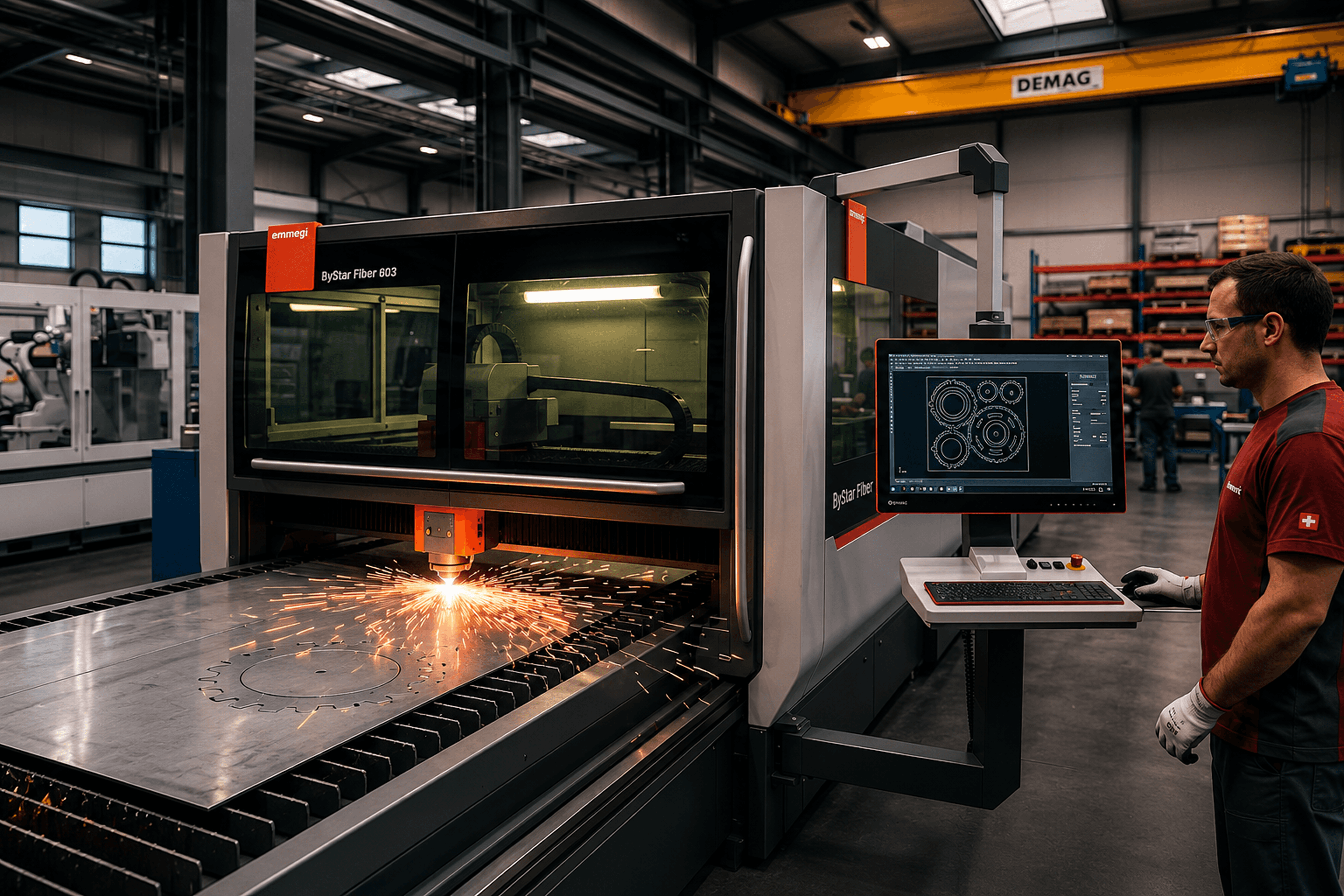 Sheet metal laser cutting machine in operation with operator reviewing nesting layout